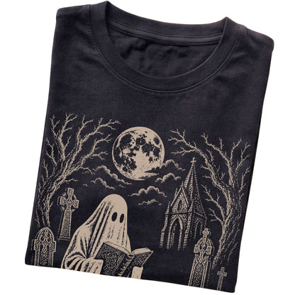 Black T-shirt featuring Ghost Reading to Pitbull, folded presentation