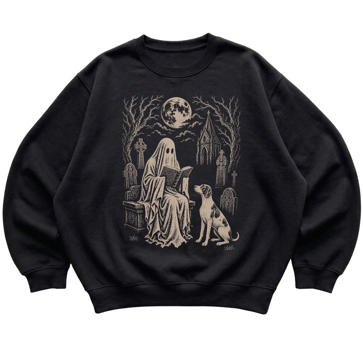 Black crewneck sweatshirt featuring Ghost Reading to Pointer, laid-flat presentation