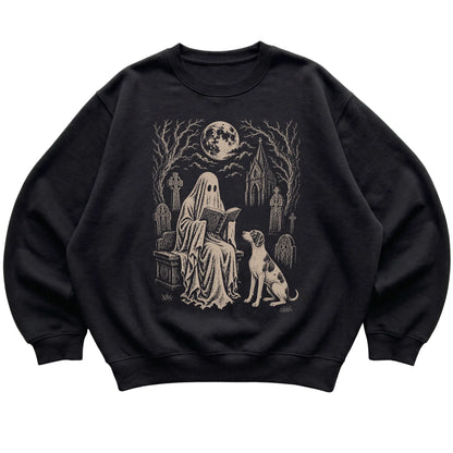 Black crewneck sweatshirt featuring Ghost Reading to Pointer, laid-flat presentation