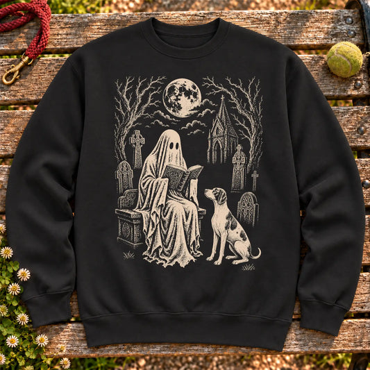 Pointer Ghost Reading on a Black crewneck sweatshirt, shown flat