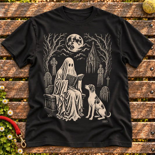 Pointer Ghost Reading on a Black T-shirt, shown flat