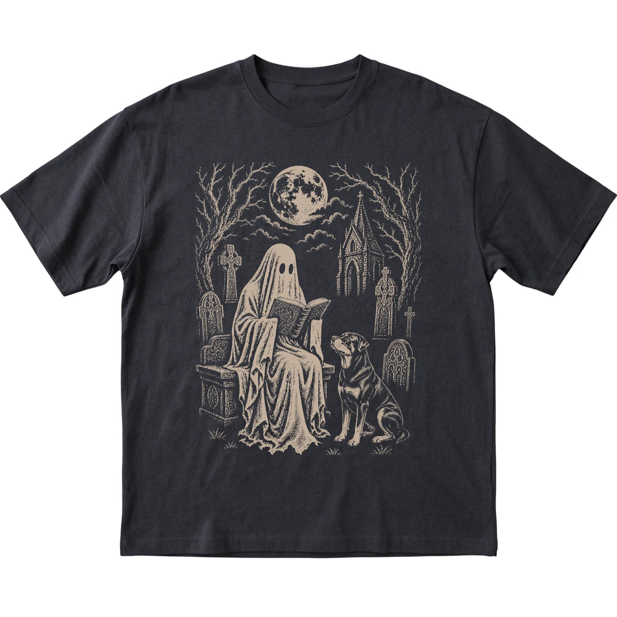 Black T-shirt featuring Ghost Reading to Rottweiler, laid-flat presentation