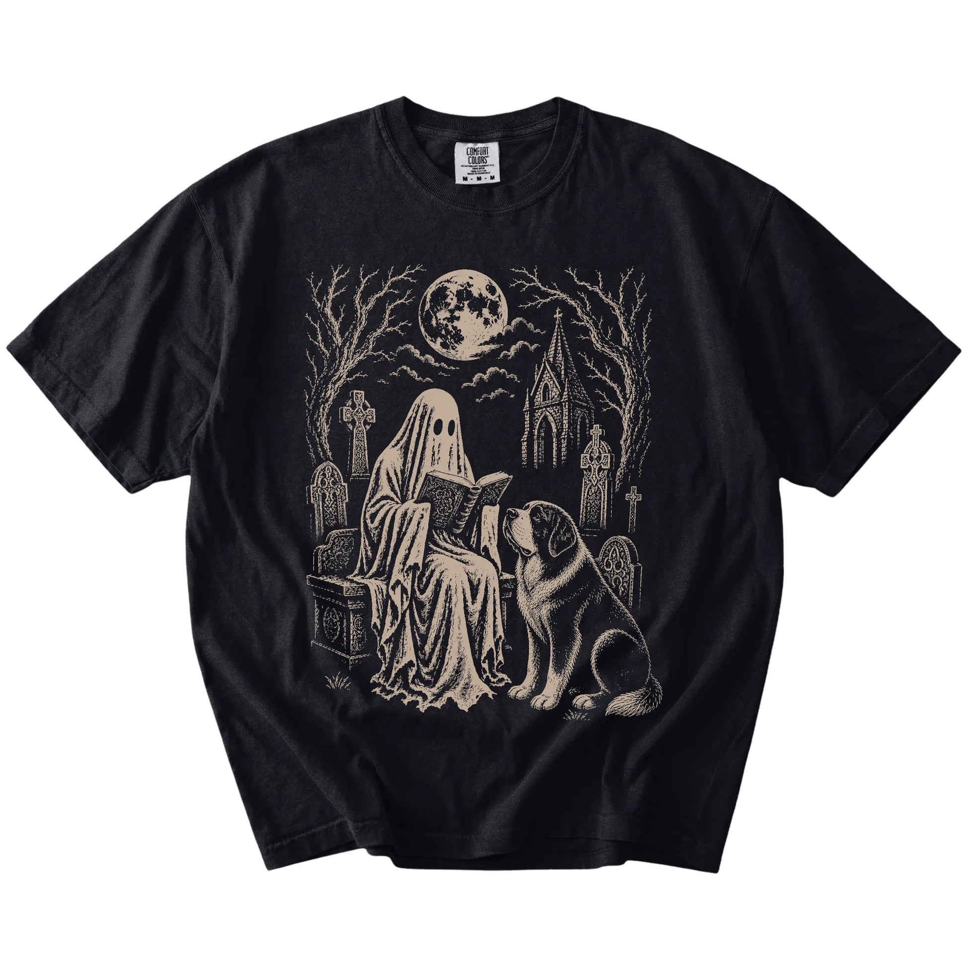 Saint Bernard beside a reading ghost in a moonlit graveyard on a Black Comfort Colors® T-shirt