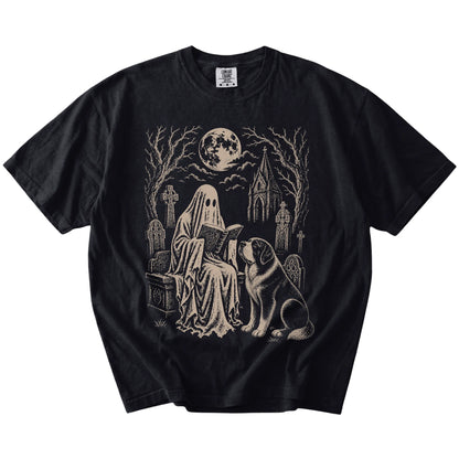 Saint Bernard beside a reading ghost in a moonlit graveyard on a Black Comfort Colors® T-shirt