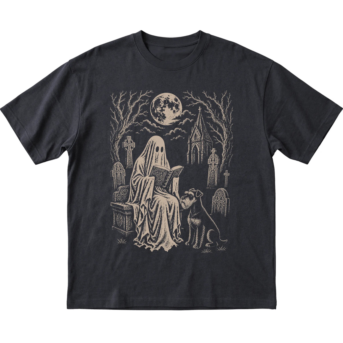 Black T-shirt featuring Ghost Reading to Schnauzer, laid-flat presentation