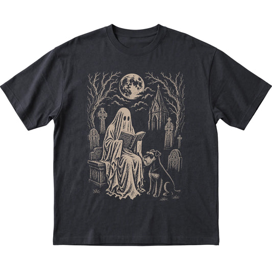Black T-shirt featuring Ghost Reading to Schnauzer, laid-flat presentation