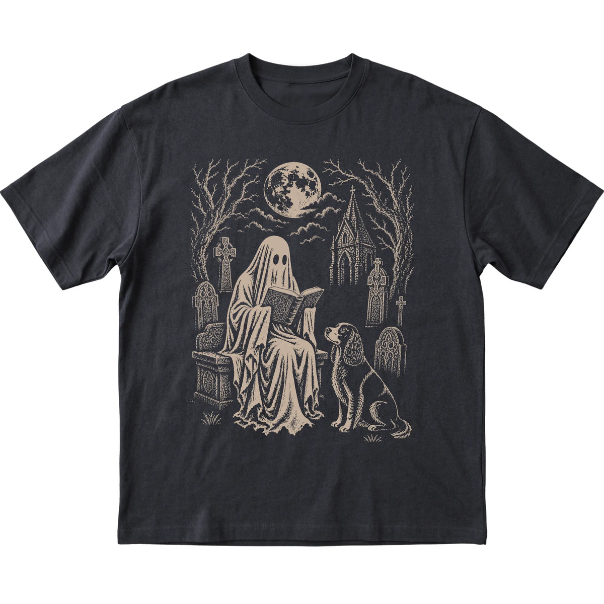 Black T-shirt featuring Ghost Reading to Springer Spaniel, laid-flat presentation