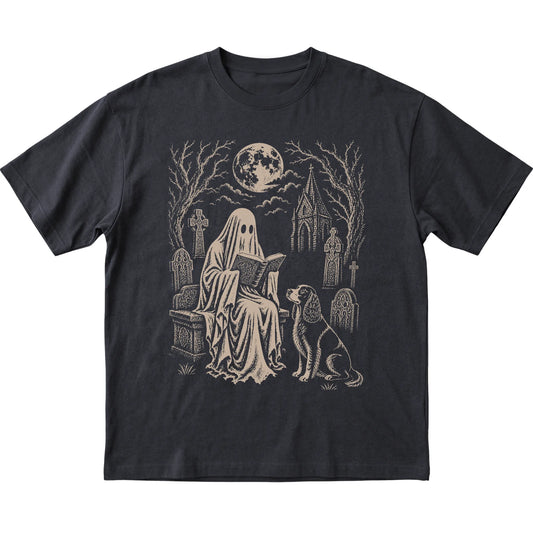 Black T-shirt featuring Ghost Reading to Springer Spaniel, laid-flat presentation