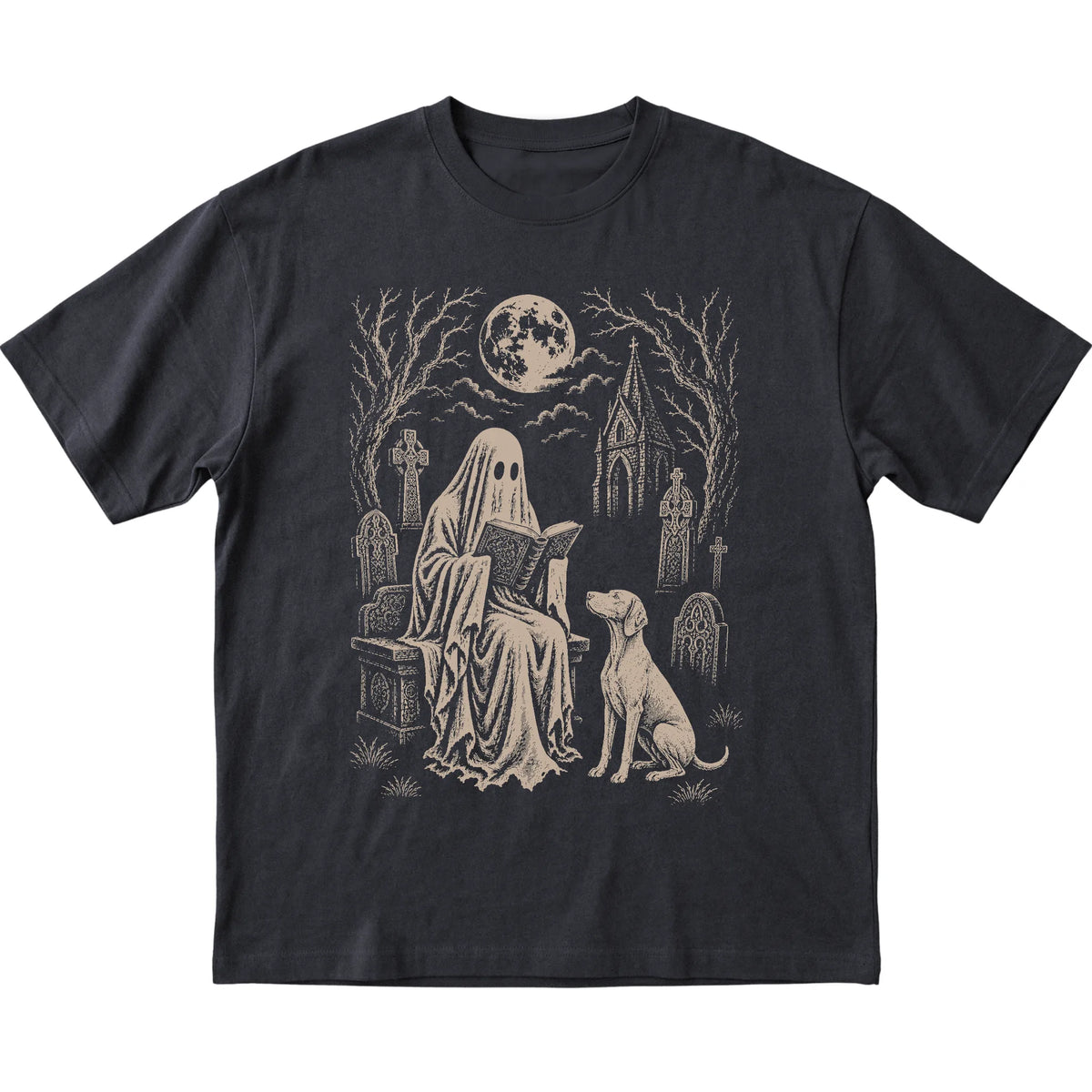 Black T-shirt featuring Ghost Reading to Vizsla, laid-flat presentation