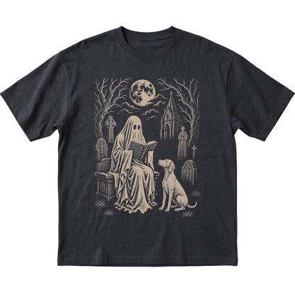 Black T-shirt featuring Ghost Reading to Vizsla, laid-flat presentation