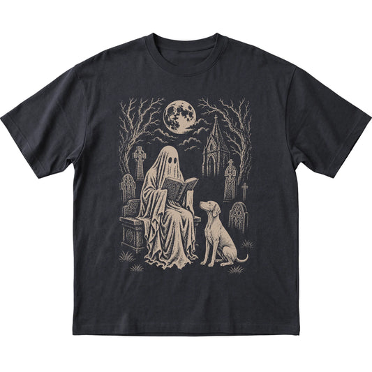 Black T-shirt featuring Ghost Reading to Vizsla, laid-flat presentation