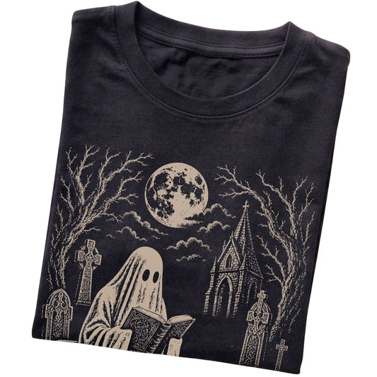 Black T-shirt featuring Ghost Reading to Vizsla, folded presentation