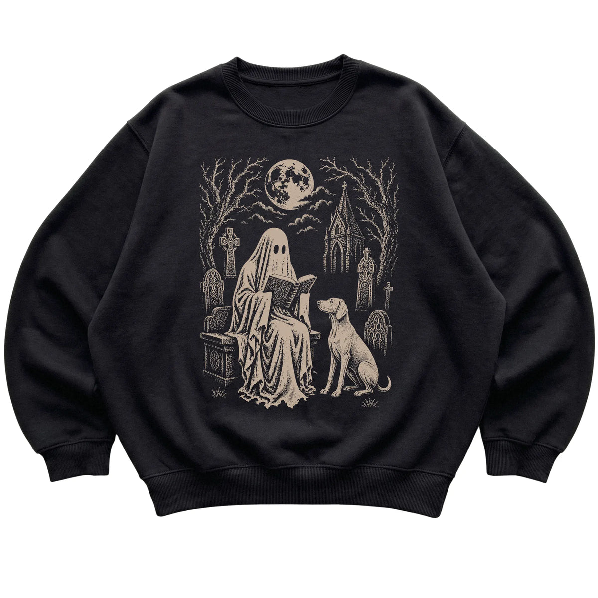 Black crewneck sweatshirt featuring Ghost Reading to Weimaraner, laid-flat presentation