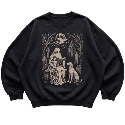 Black crewneck sweatshirt featuring Ghost Reading to Weimaraner, laid-flat presentation
