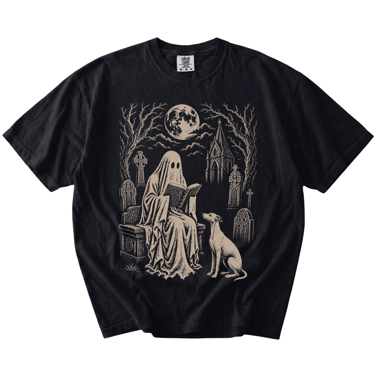 Whippet beside a reading ghost in a moonlit graveyard on a Black Comfort Colors® T-shirt