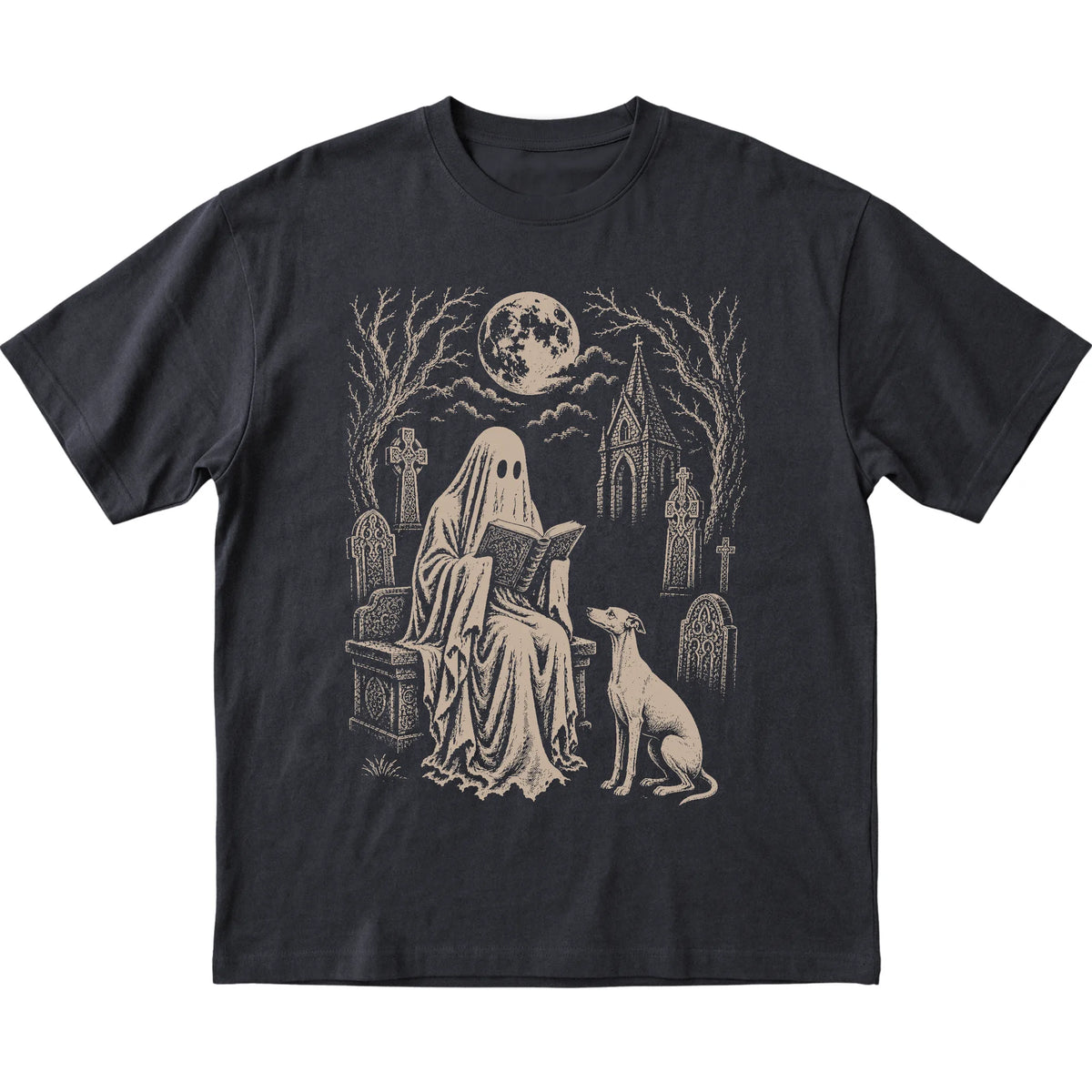 Black T-shirt featuring Ghost Reading to Whippet, laid-flat presentation