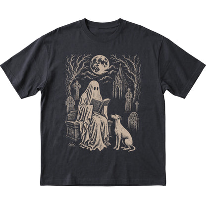 Black T-shirt featuring Ghost Reading to Whippet, laid-flat presentation