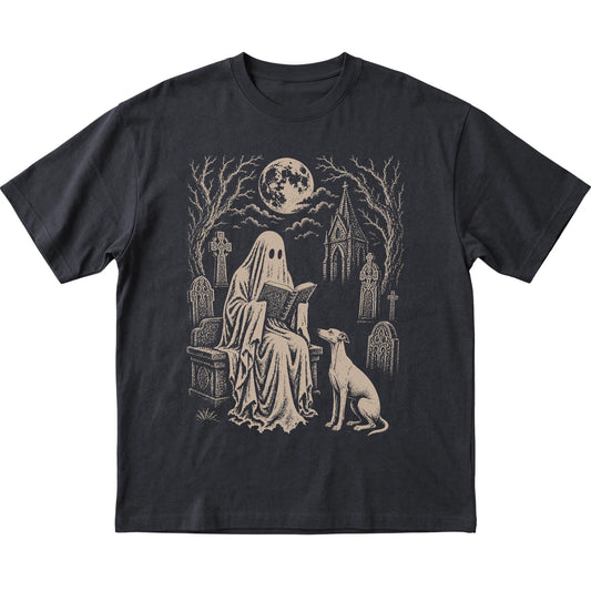 Black T-shirt featuring Ghost Reading to Whippet, laid-flat presentation