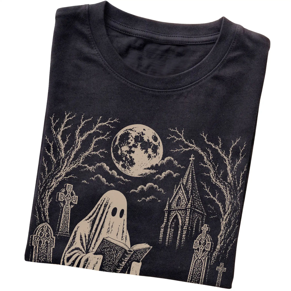 Black T-shirt featuring Ghost Reading to Whippet, folded presentation