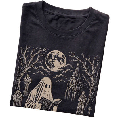 Black T-shirt featuring Ghost Reading to Whippet, folded presentation
