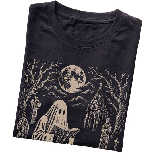 Black T-shirt featuring Ghost Reading to Whippet, folded presentation