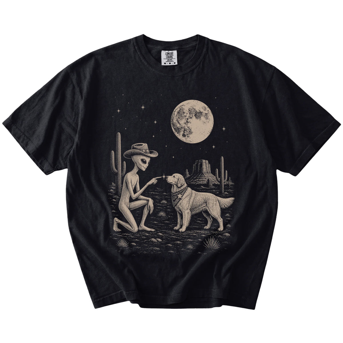 Cowboy alien fist-bumping a Golden Retriever beneath the moon on a Black Comfort Colors® T-shirt