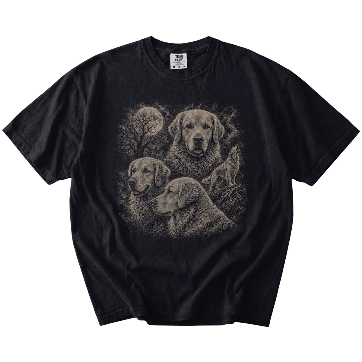 Vintage moon montage featuring Golden Retriever on a Black Comfort Colors® T-shirt