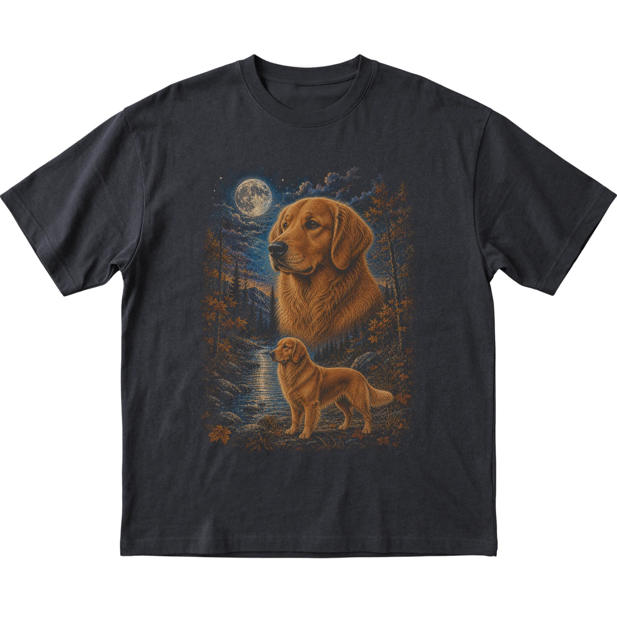 black T-shirt with Golden Retriever Autumn Moon artwork.