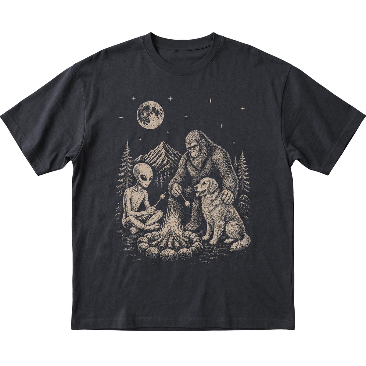 Black Golden Retriever Camping with Bigfoot and Alien shirt laid flat