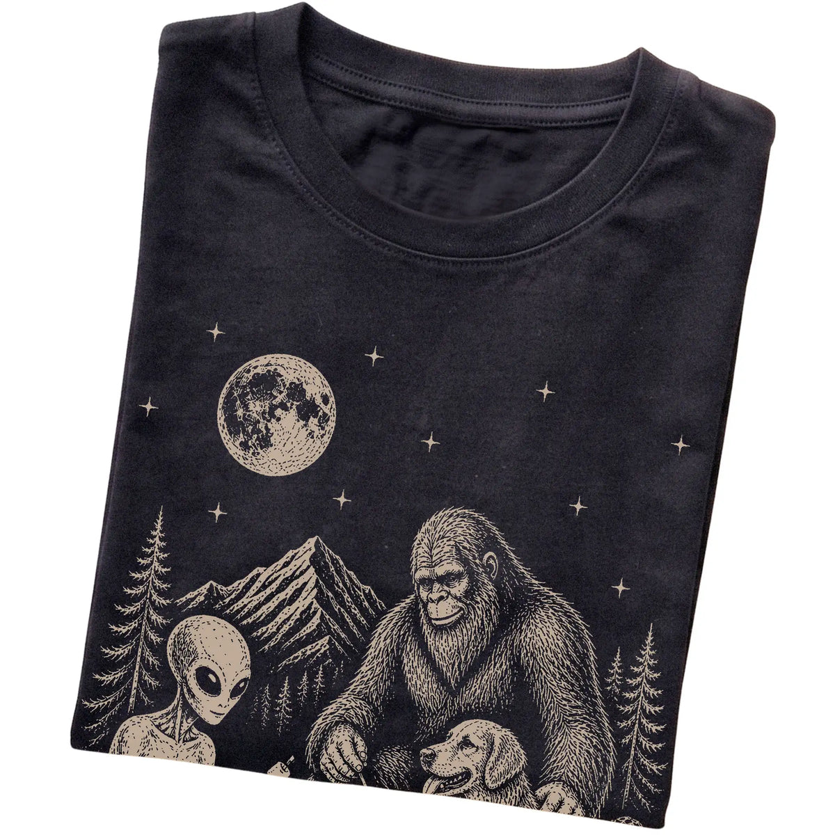 Black Golden Retriever Camping with Bigfoot and Alien folded detail view