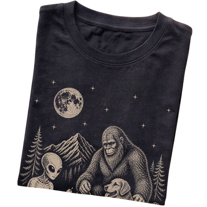 Black Golden Retriever Camping with Bigfoot and Alien folded detail view