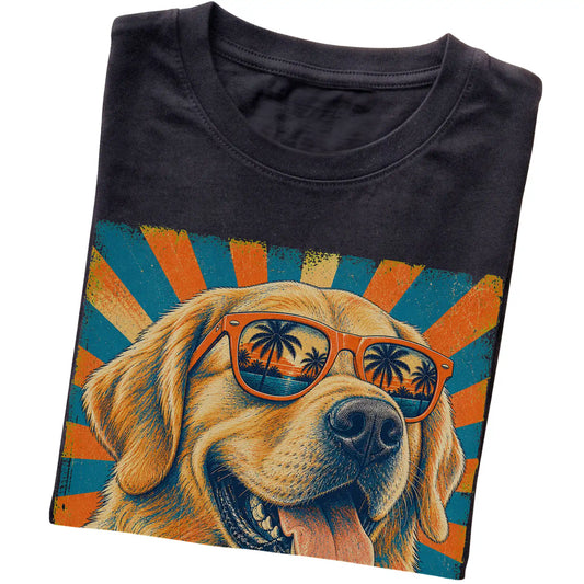 Folded Black softstyle T-shirt with a Retro Golden Retriever Dad design