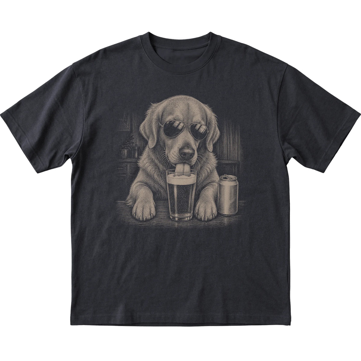 Black Golden Retriever drinking from a pint at a bar, laid flat