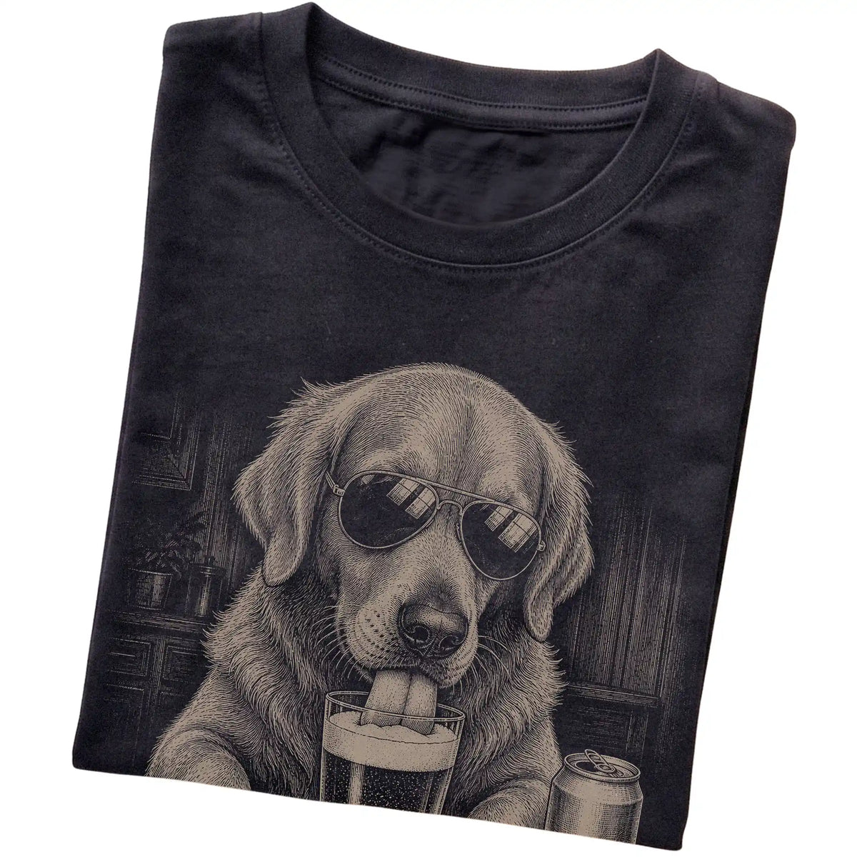 Black Golden Retriever drinking from a pint at a bar, folded detail view
