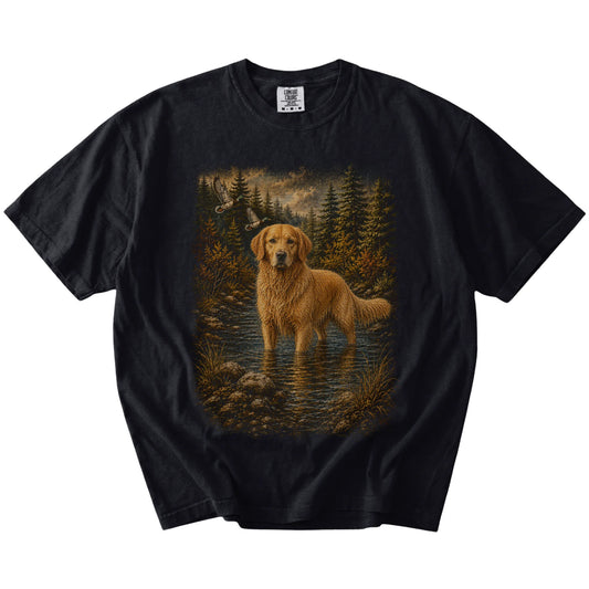 Black Golden Retriever Duck Hunting T-Shirt laid flat