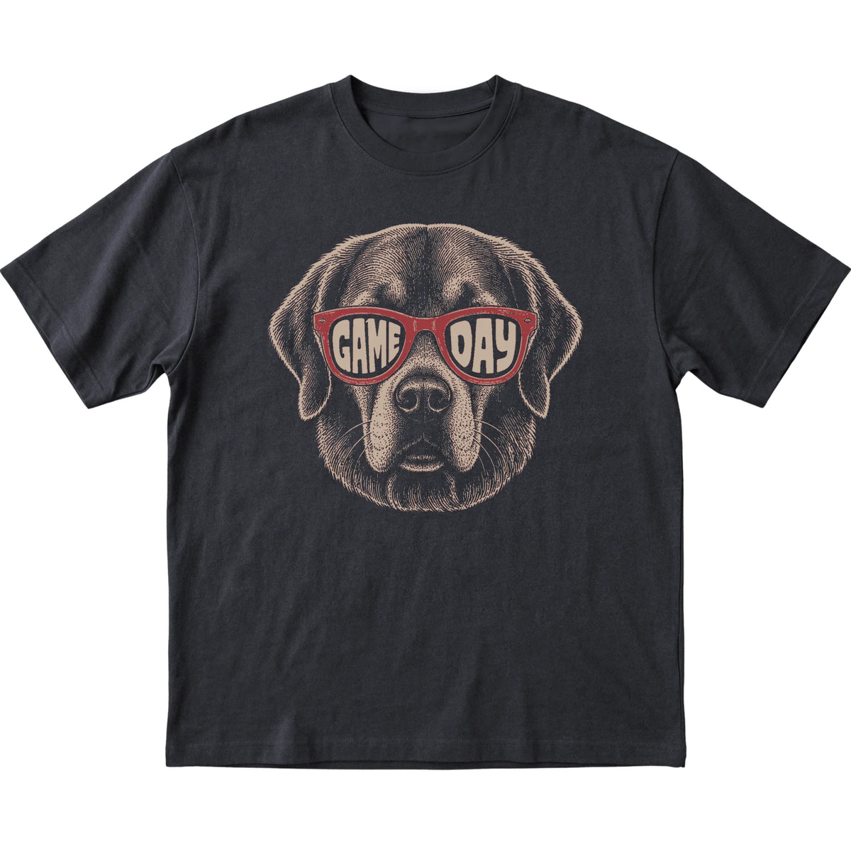 Black Golden Retriever Game Day Sunglasses T-shirt, laid flat