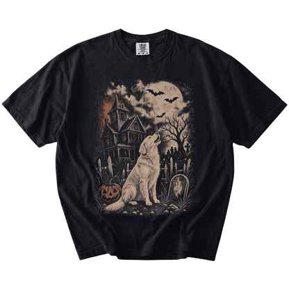 Golden Retriever in a vintage haunted-house scene on a Black Comfort Colors® T-shirt