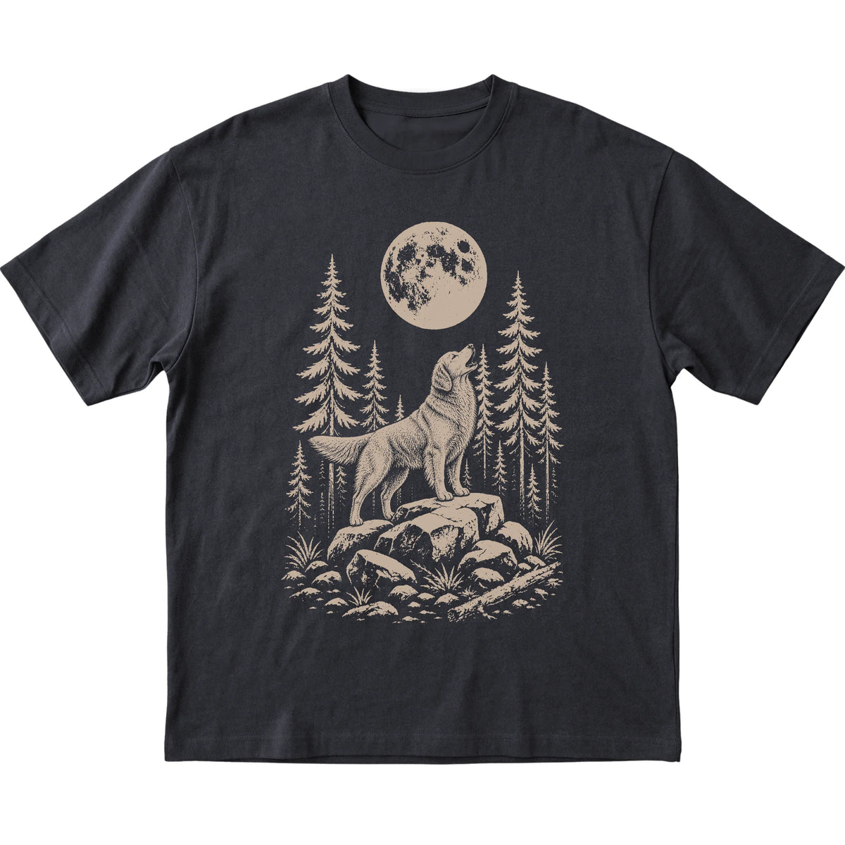 Close view of Golden Retriever Howling at the Moon artwork on Black softstyle T-shirt