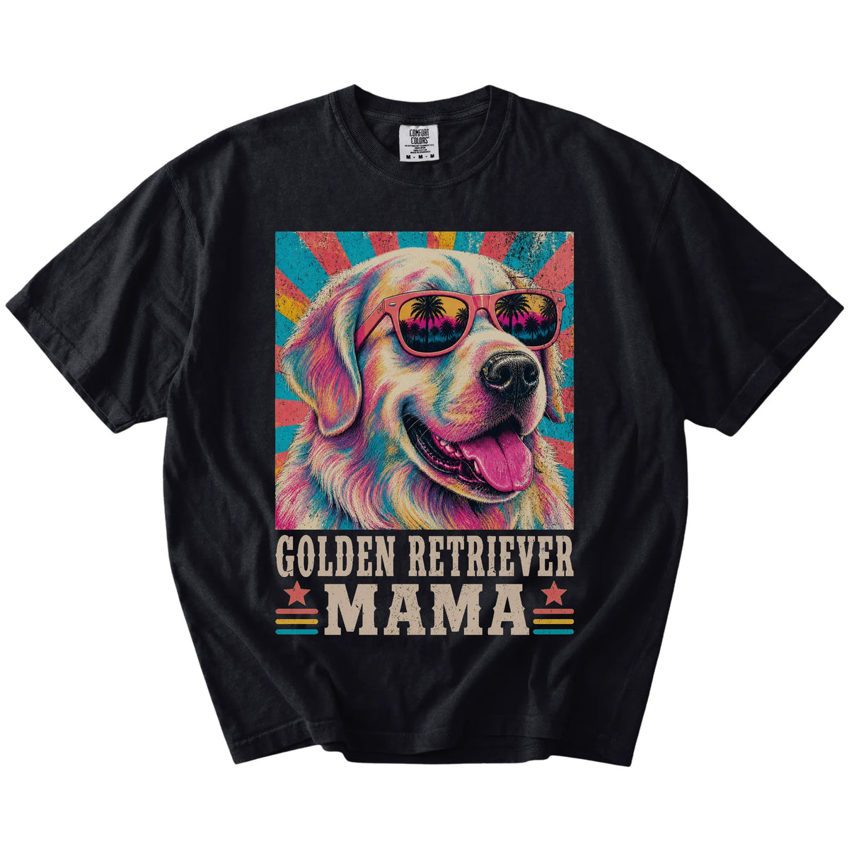Retro Golden Retriever Mama design on a Black Comfort Colors T-shirt
