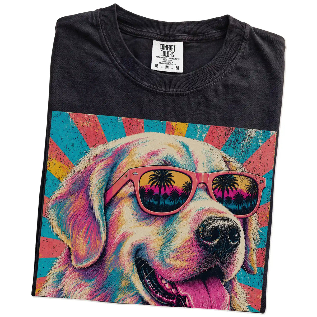 Retro Golden Retriever Mama design on a Black Comfort Colors T-shirt folded detail