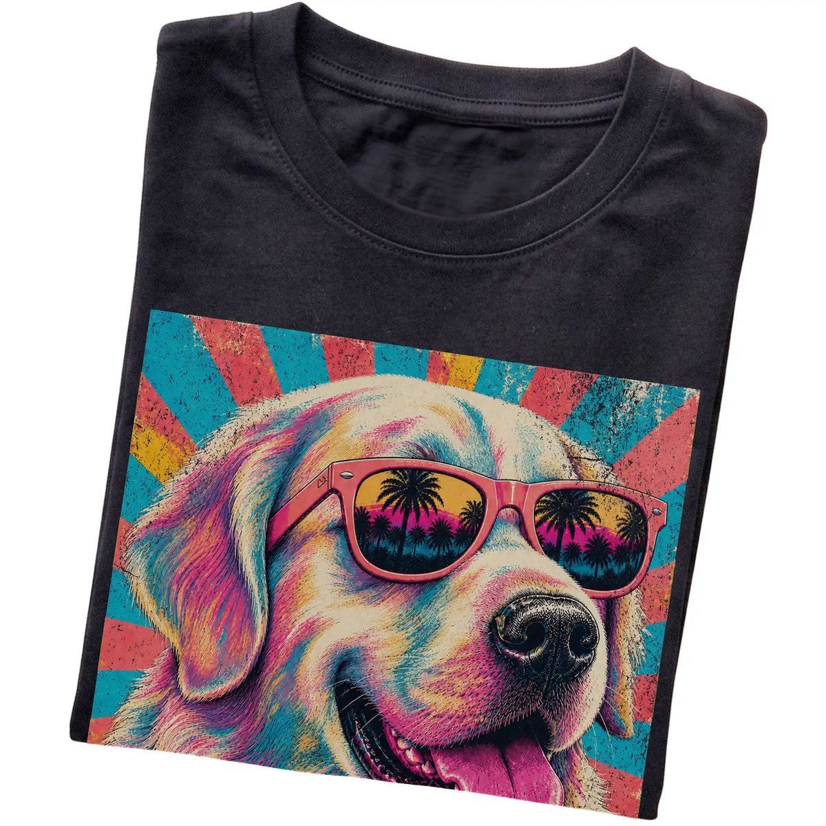 Folded Black softstyle T-shirt with a Retro Golden Retriever Mama design