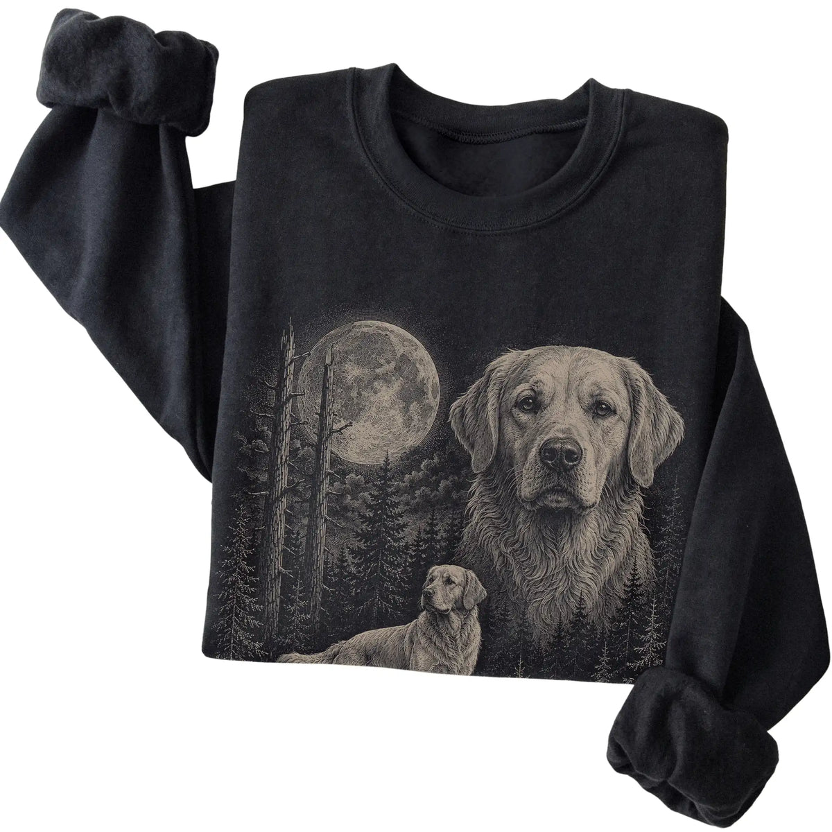 Folded black crewneck sweatshirt showing the Golden Retriever Moonlit Forest graphic