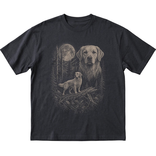 Golden Retriever Moonlit Forest graphic on a black Softstyle T-shirt laid flat