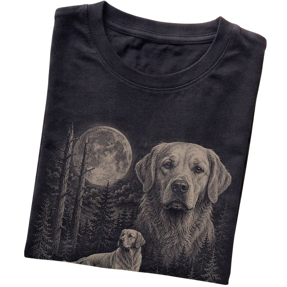 Folded black Softstyle T-shirt showing the Golden Retriever Moonlit Forest graphic