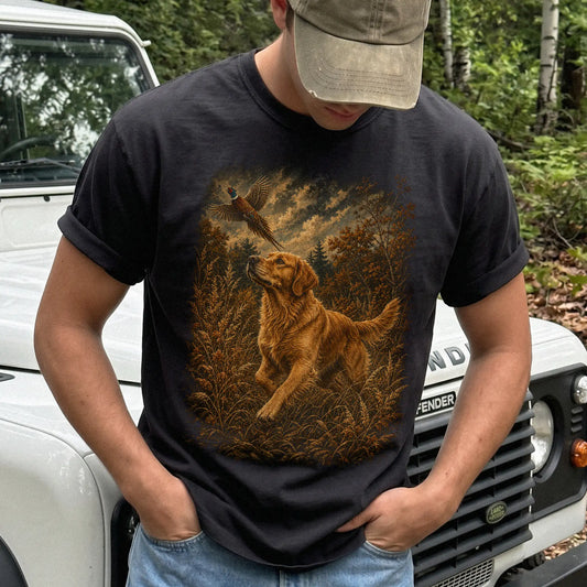 Man wearing a Black Golden Retriever Pheasant Hunting T-Shirt