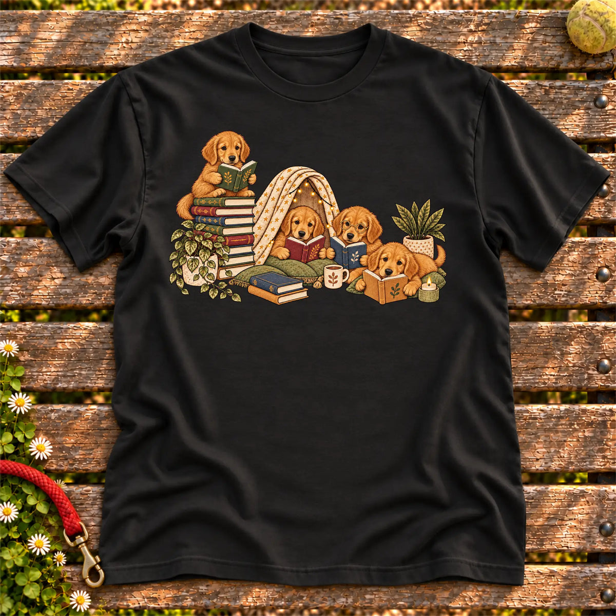Golden Retriever puppies reading books in a cozy blanket fort on a Black T-shirt