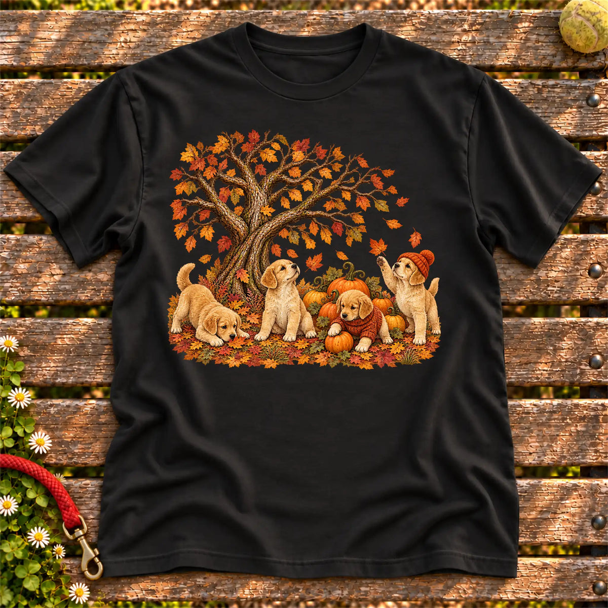 Four Golden Retriever puppies with pumpkins beneath an autumn tree on a Black softstyle T-shirt