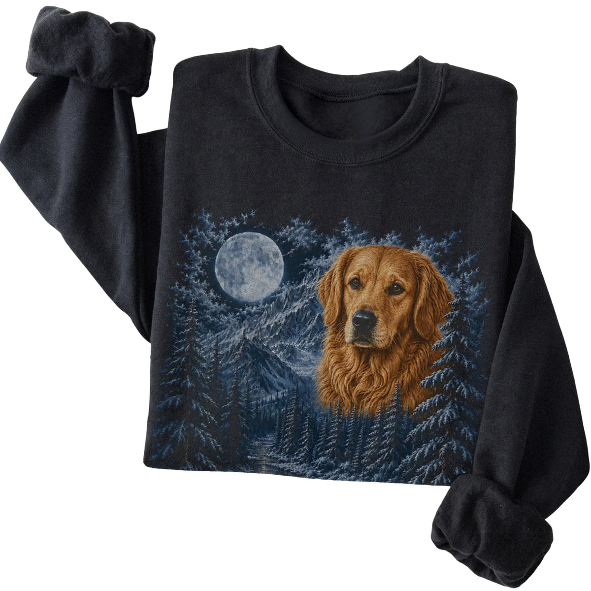 Folded black sweatshirt with Golden Retriever Winter Moon artwork.