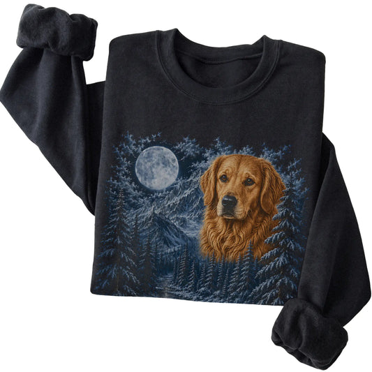 Folded black sweatshirt with Golden Retriever Winter Moon artwork.