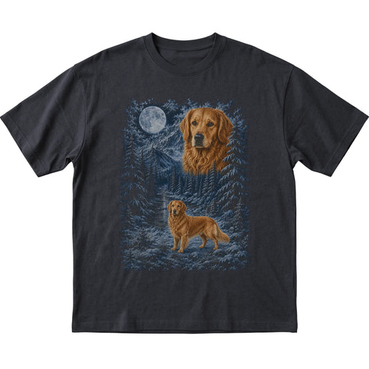 black T-shirt with Golden Retriever Winter Moon artwork.